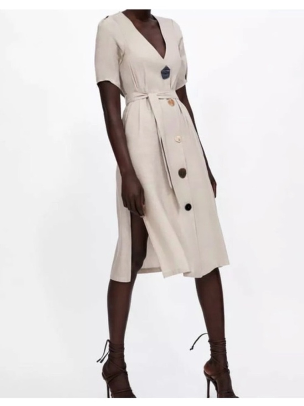 Zara Beige Linen Blend Midi Dress XL Tie Waist Button‎ Front